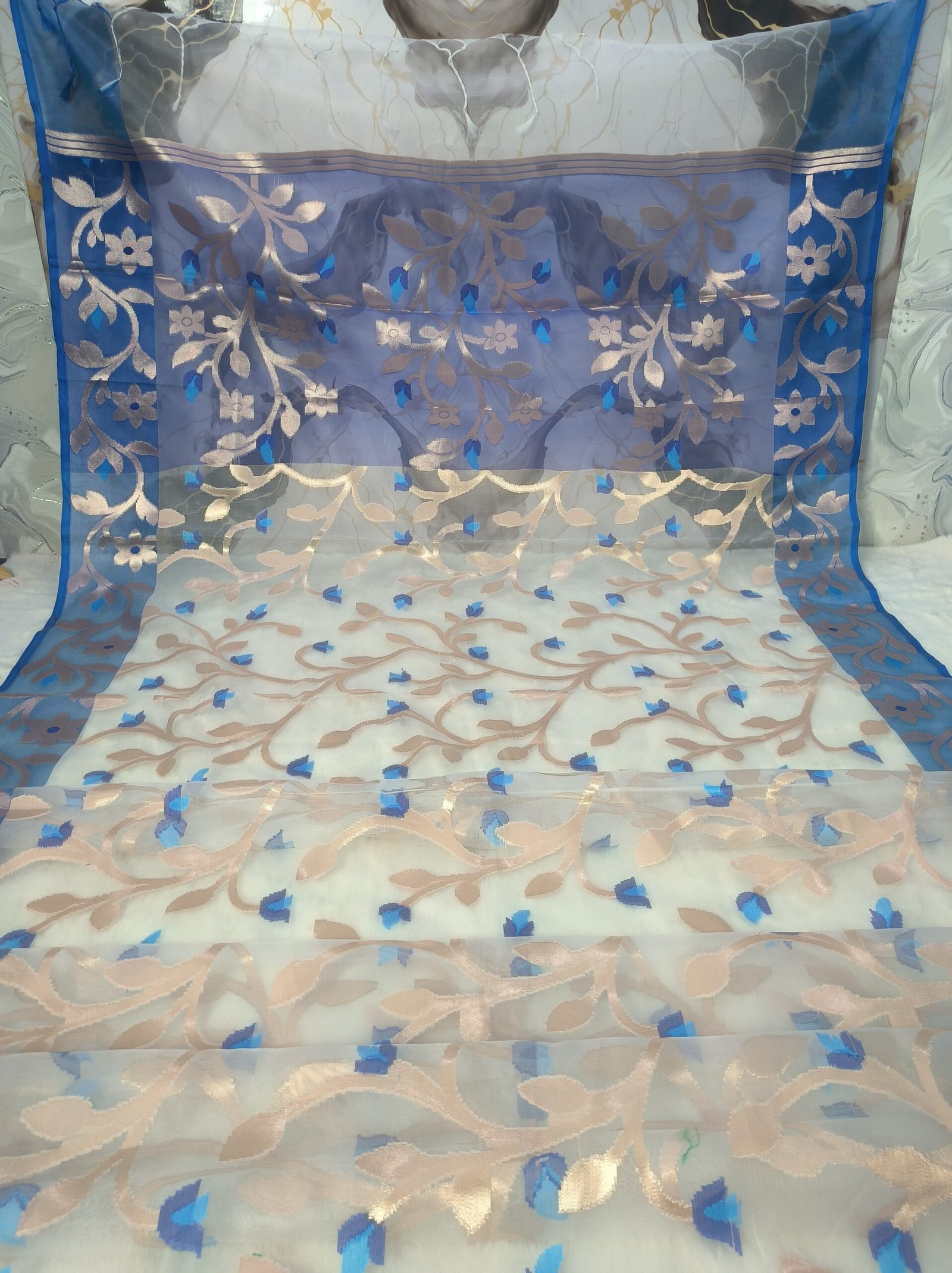 IMG_20260708_150633 HMZPremium Banarasi Kora Silk Saree with Meenakari & Contrast Blue Border - Image 2